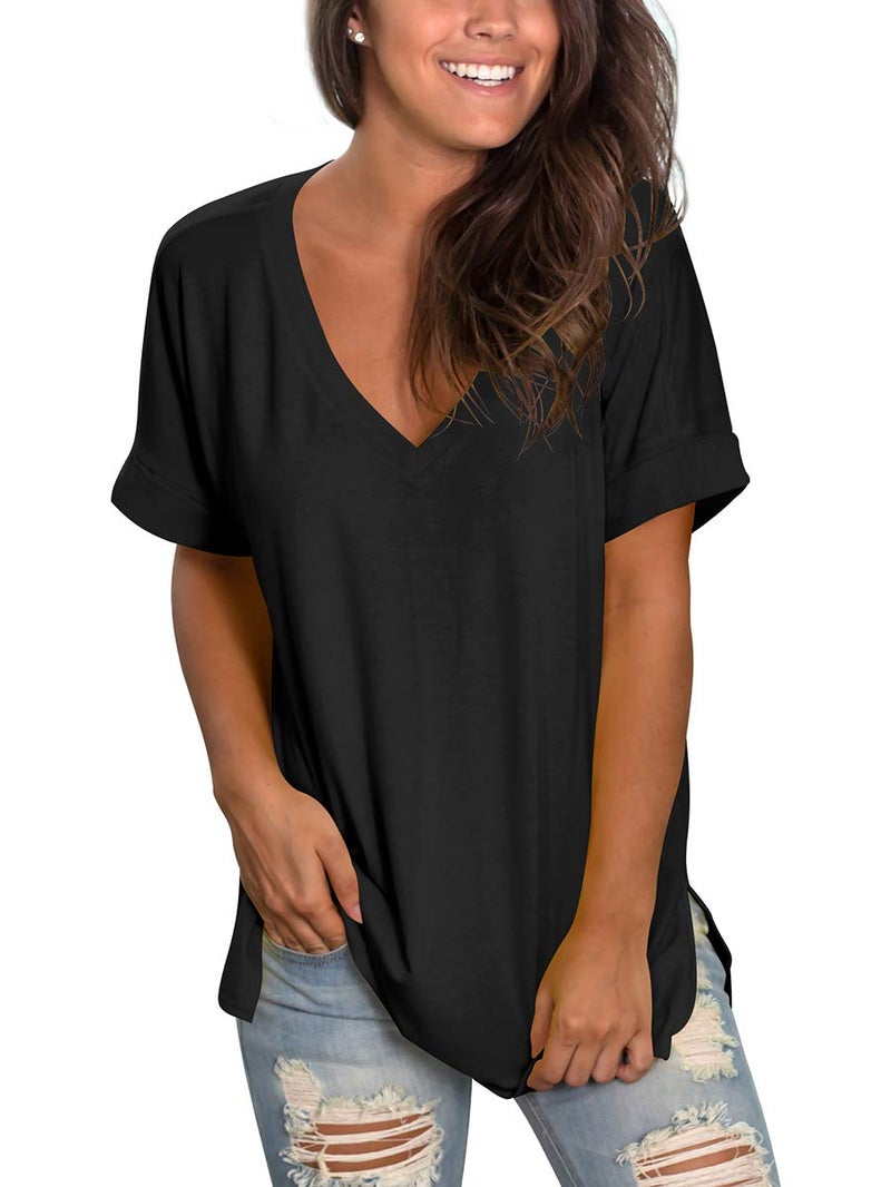 SAMPEEL V Neck T Shirts Women Short Sleeve Tee Tops Summer Loose Casual High Low Black S - Image 1